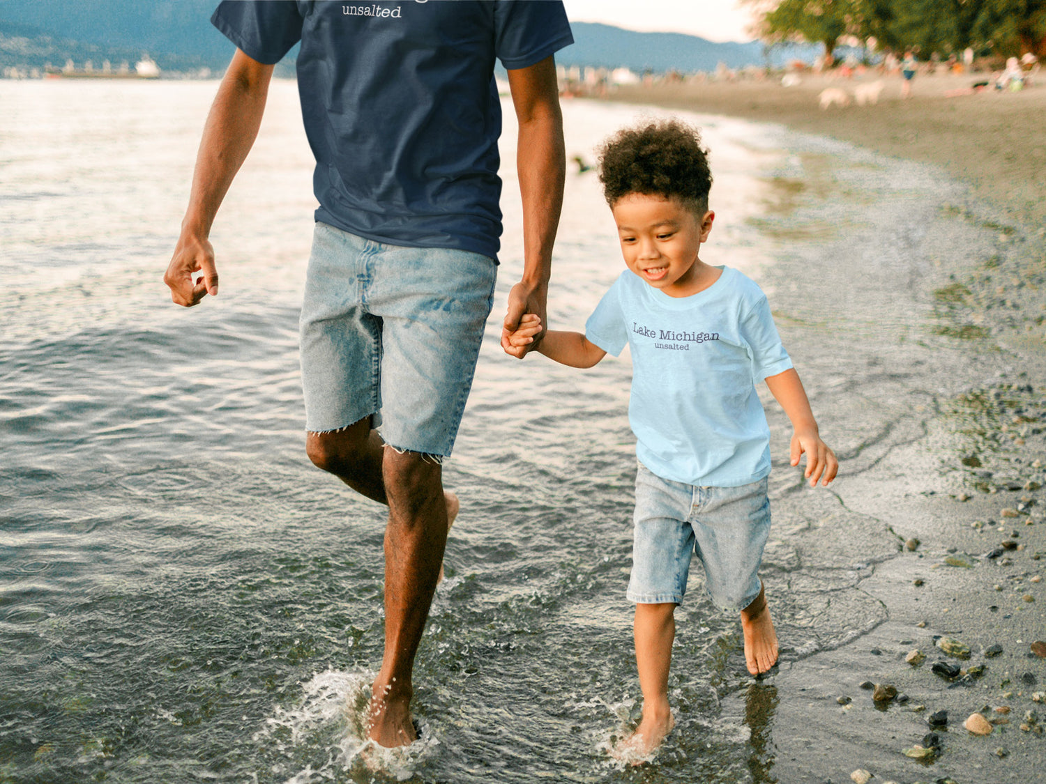 Unsalted No Sharks Lake Michigan Father & Son Walking on Lakeshore